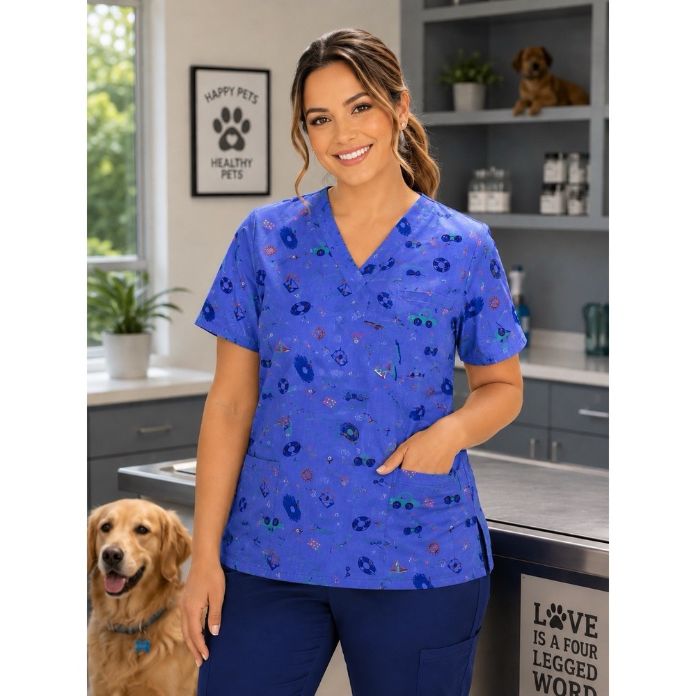 Elsie Of Miami Womens V Neck Scrub Top Size XL Summer Print Beach Fun Blue NWT